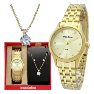 Kit Relógio Mondaine Feminino Dourado com Colar e Brincos
